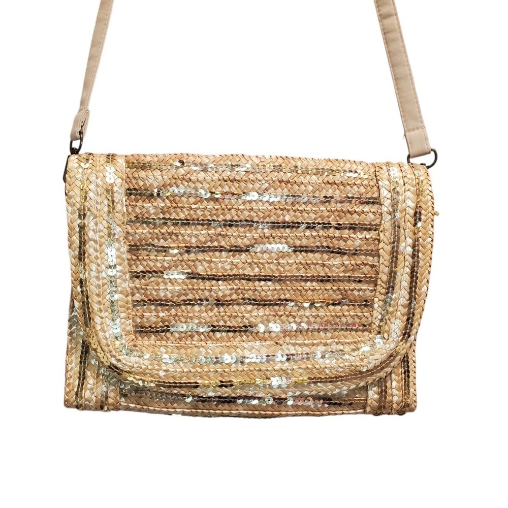 Limited Edition Crossbody Clutch - Straw with Golden Sequins & Blue Lining 💛